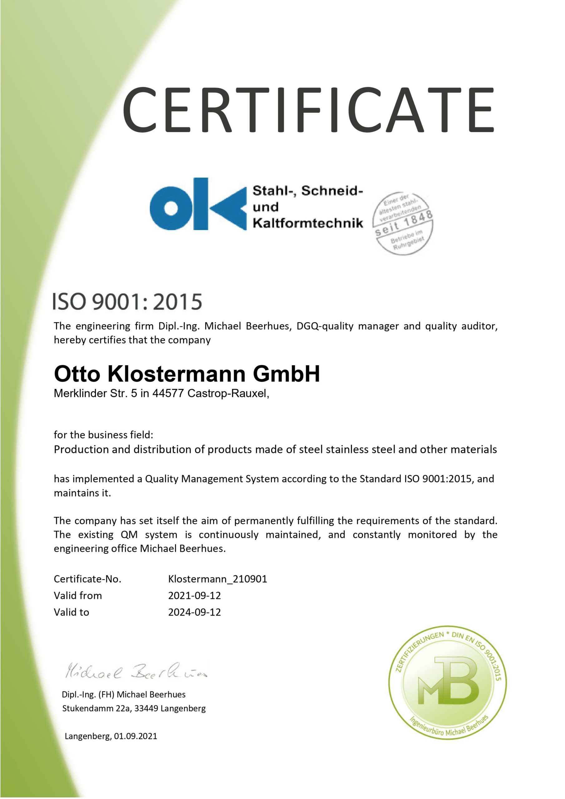 Zertifikat Otto Klostermann französisch 