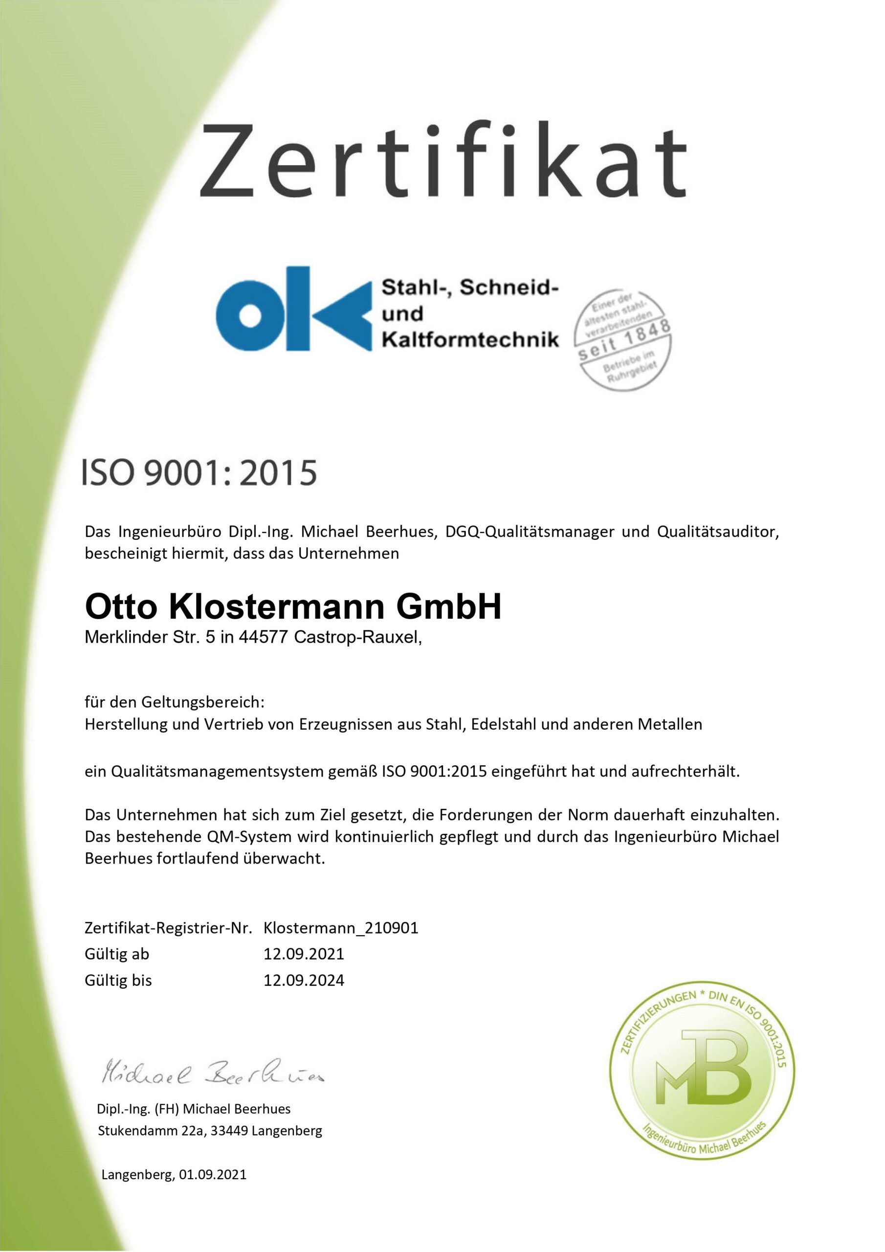 Otto Klostermann Zertifikat