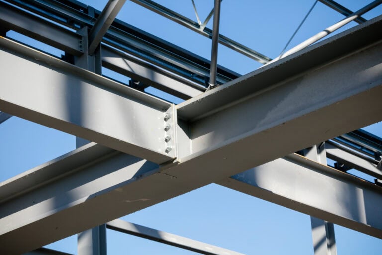 Steel frame of new building in construction   girder joint detail   close up