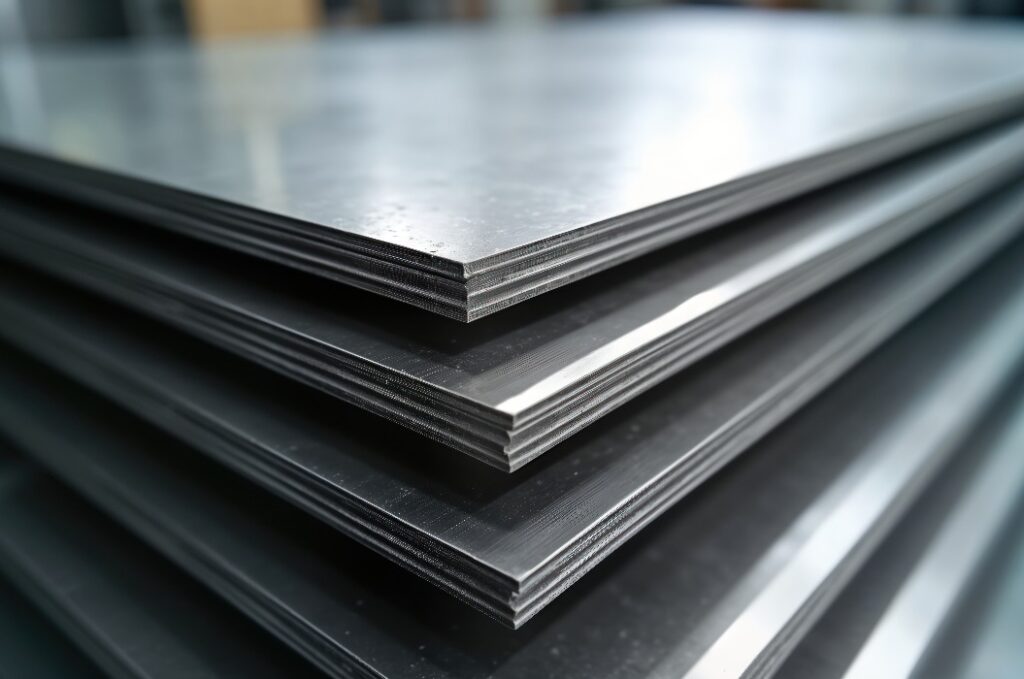 Gestapelte Bleche aus rostfreiem Stahl. Fein säuberlich angeordnete Metallplatten. Industrielles Metallprodukt. Nahaufnahme. Produktionsprozess, Lagerhalle. Profi-Ausrüstung. Blechteile. Qualität