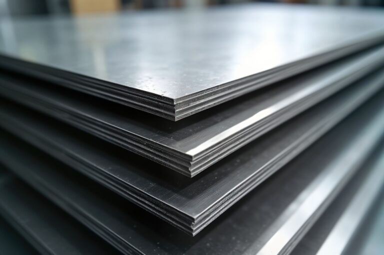 Gestapelte Bleche aus rostfreiem Stahl. Fein säuberlich angeordnete Metallplatten. Industrielles Metallprodukt. Nahaufnahme. Produktionsprozess, Lagerhalle. Profi-Ausrüstung. Blechteile. Qualität