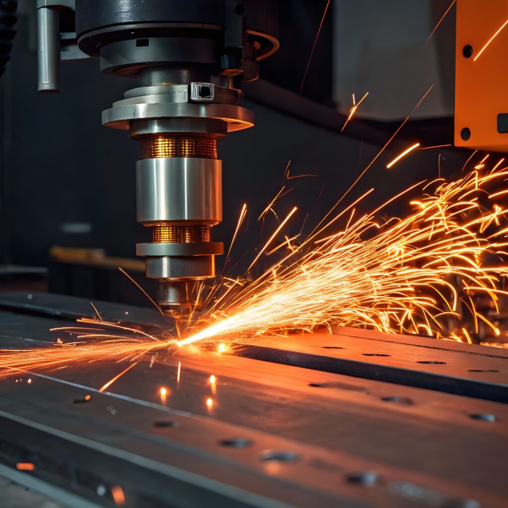 Laserschneidmaschine industrieller Fertigungsprozess mit Funken und Präzisionsgeräten