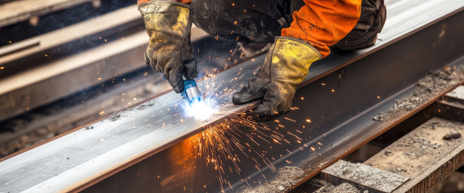 Eine Nahaufnahme eines Bauarbeiters, der Stahlträger für ein Brückenbauprojekt schweißt, Brückenbauszene, Schweißerhandwerklicher Stil