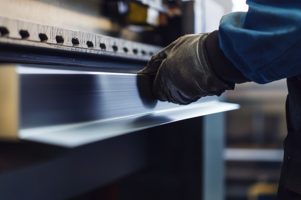 Ein Blechbearbeiter biegt Stahlbleche in einer Werkstatt. Er zeichnet sich durch Geschicklichkeit und Präzision aus.